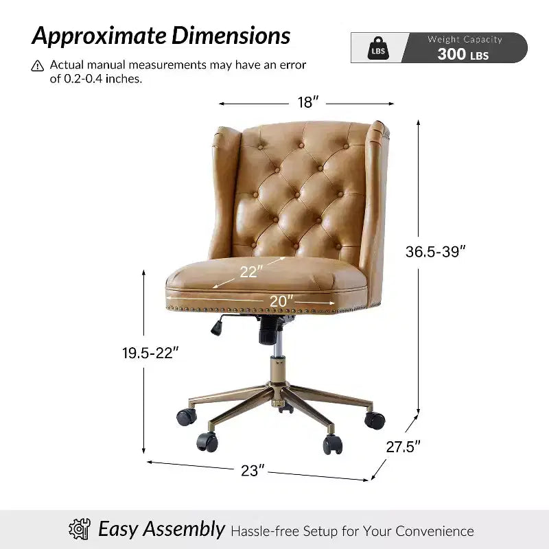 Fauteuil de bureau Chesterfield traditionnel en similicuir Hazel – capitonné, clous décoratifs en bronze, couleur camel
