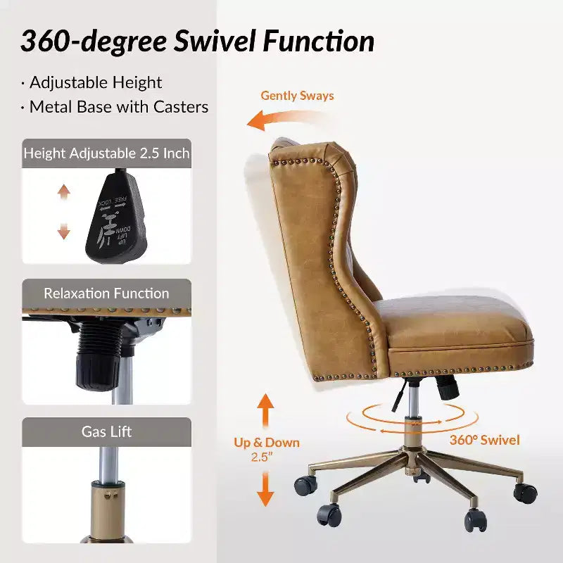 Fauteuil de bureau Chesterfield traditionnel en similicuir Hazel – capitonné, clous décoratifs en bronze, couleur camel