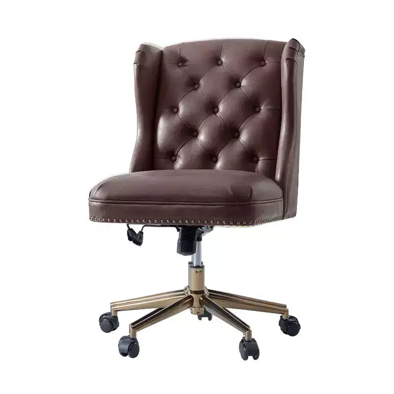 Fauteuil de bureau Chesterfield traditionnel en similicuir Hazel – capitonné, clous décoratifs en bronze, couleur camel