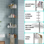 Étagère d'angle de salle de bain, étagère réglable à quatre niveaux, étagère de douche antirouille, support de baignoire autoportant, avec tringle télescopique