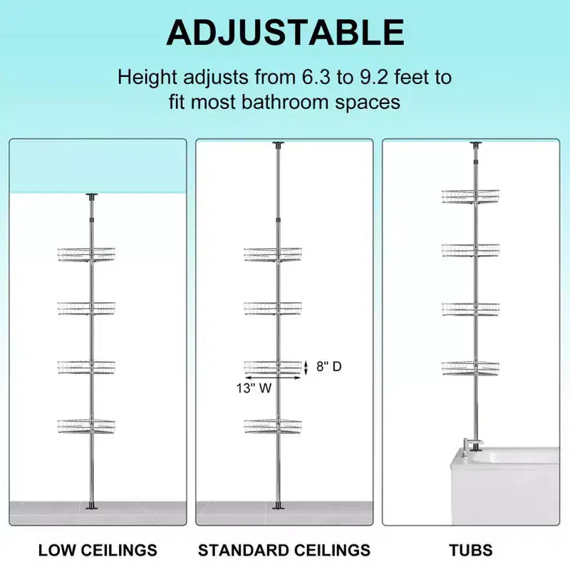 Étagère d'angle de salle de bain, étagère réglable à quatre niveaux, étagère de douche antirouille, support de baignoire autoportant, avec tringle télescopique