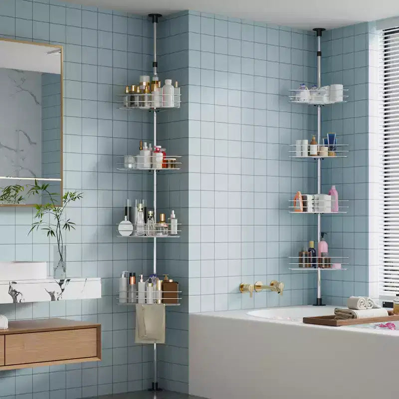 Étagère d'angle de salle de bain, étagère réglable à quatre niveaux, étagère de douche antirouille, support de baignoire autoportant, avec tringle télescopique