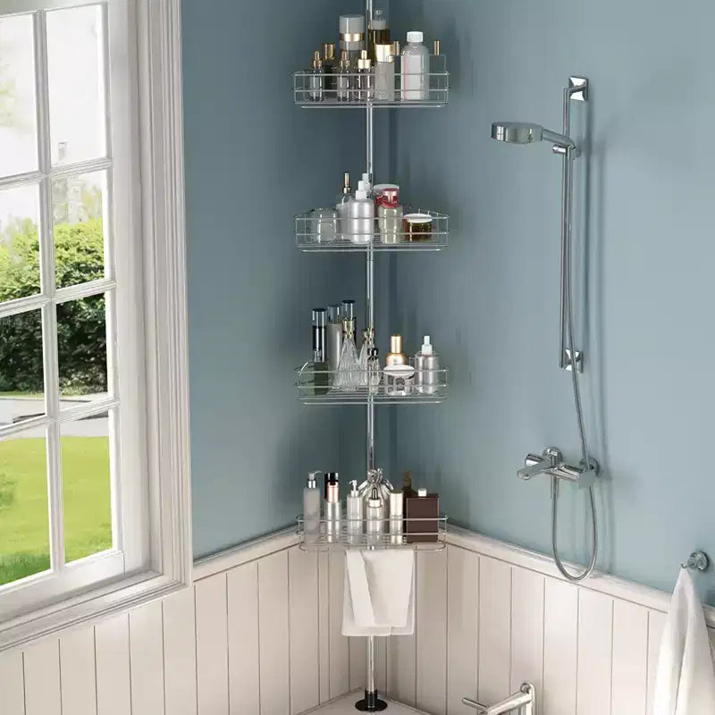 Étagère d'angle de salle de bain, étagère réglable à quatre niveaux, étagère de douche antirouille, support de baignoire autoportant, avec tringle télescopique