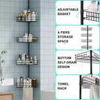 Étagère d'angle de salle de bain, étagère réglable à quatre niveaux, étagère de douche antirouille, support de baignoire autoportant, avec tringle télescopique