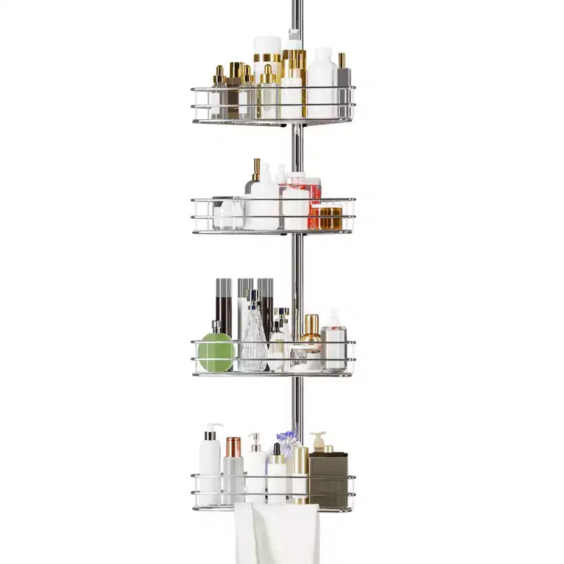 Étagère d'angle de salle de bain, étagère réglable à quatre niveaux, étagère de douche antirouille, support de baignoire autoportant, avec tringle télescopique