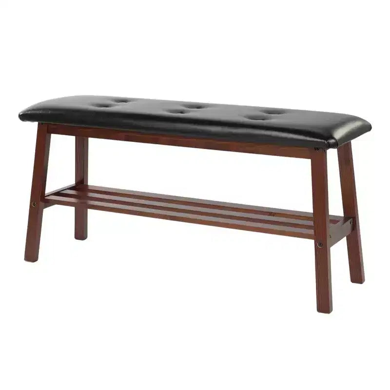 Banc capitonné 100 cm en pin massif — Assise en similicuir à boutons touffetés