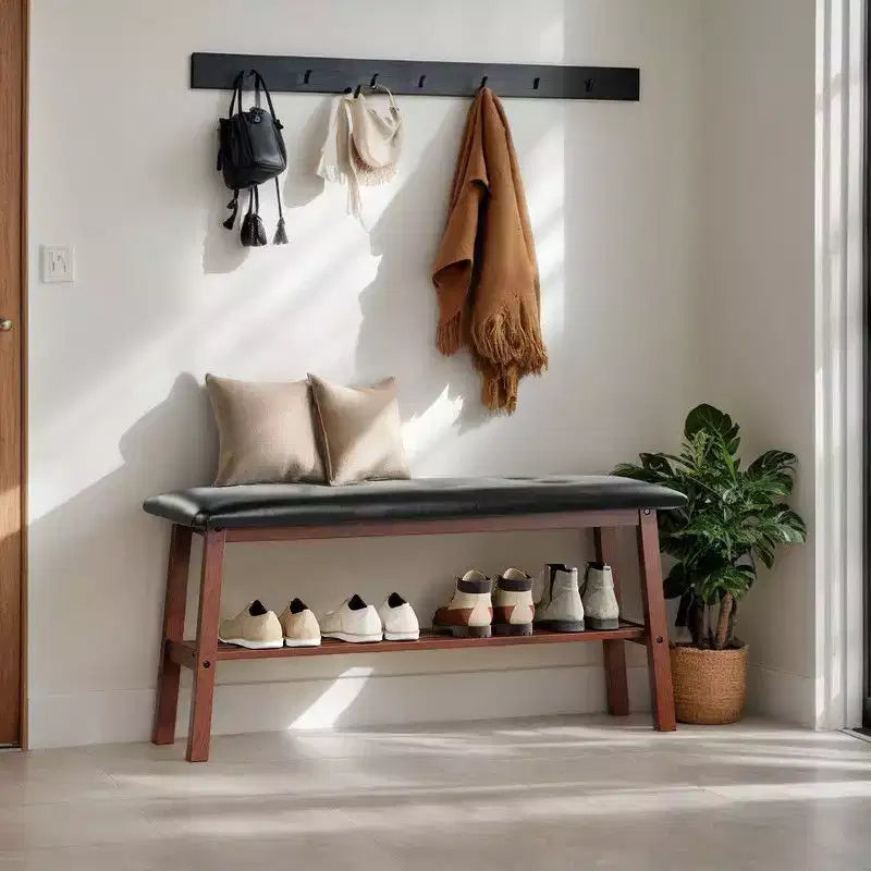 Banc capitonné 100 cm en pin massif — Assise en similicuir à boutons touffetés