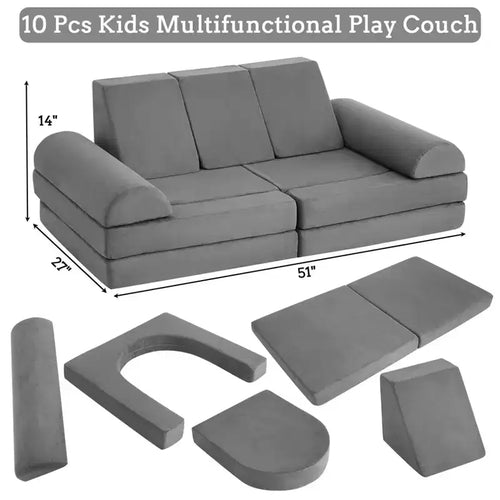 Canapé d'angle modulable 10 pièces convertible pour enfants, coussins de jeu en mousse souple avec piscine à balles, canapé de jeu pour garçons et filles (gris)