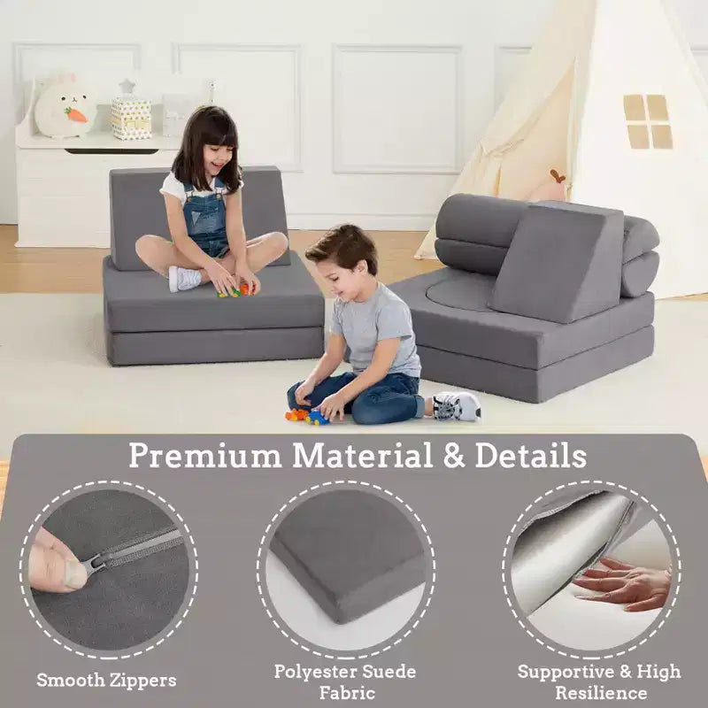 Canapé d'angle modulable 10 pièces convertible pour enfants, coussins de jeu en mousse souple avec piscine à balles, canapé de jeu pour garçons et filles (gris)