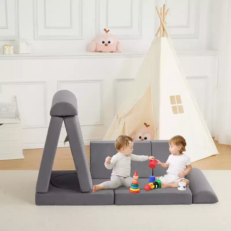 Canapé d'angle modulable 10 pièces convertible pour enfants, coussins de jeu en mousse souple avec piscine à balles, canapé de jeu pour garçons et filles (gris)