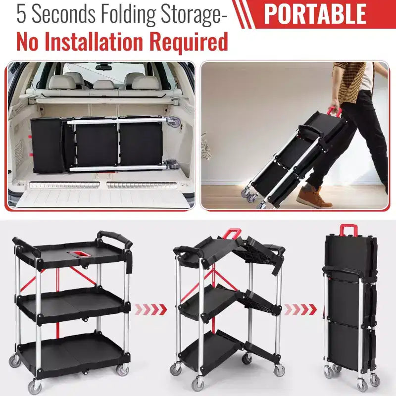 Chariot Utilitaire Pliant de 80 kg avec Roues, Chariot de Service Pliable, Chariot Roulant Pliant à 3 Niveaux avec Roues Pivotantes à 360°, Chariot Portable