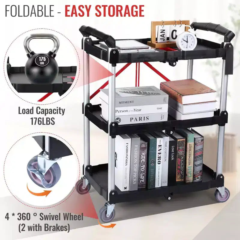 Chariot Utilitaire Pliant de 80 kg avec Roues, Chariot de Service Pliable, Chariot Roulant Pliant à 3 Niveaux avec Roues Pivotantes à 360°, Chariot Portable