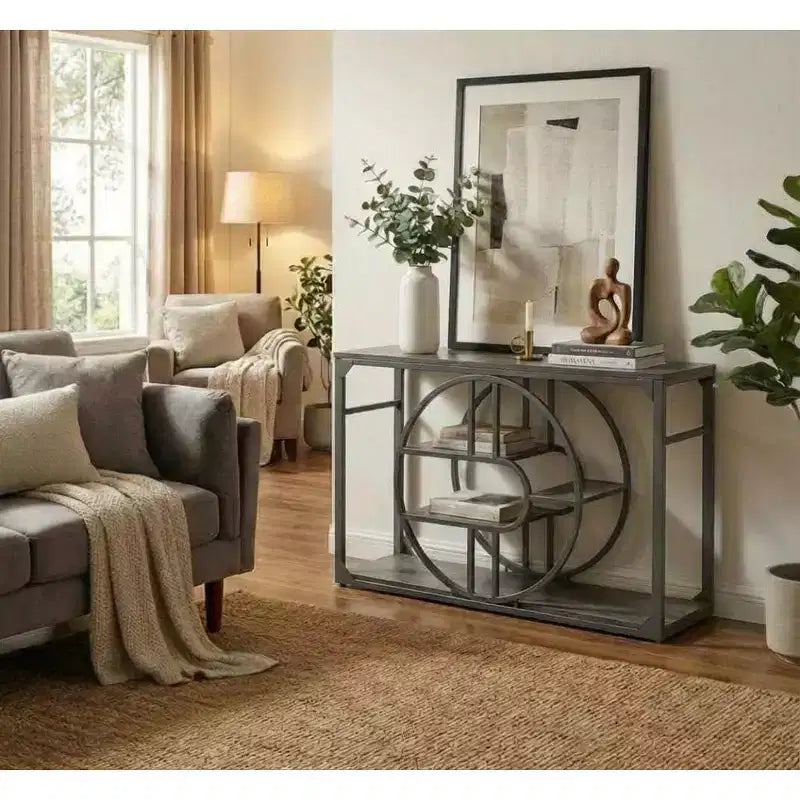 Console O-Shaped de 55 pouces avec 5 niveaux de rangement — Table de canapé étroite industrielle pour entrée