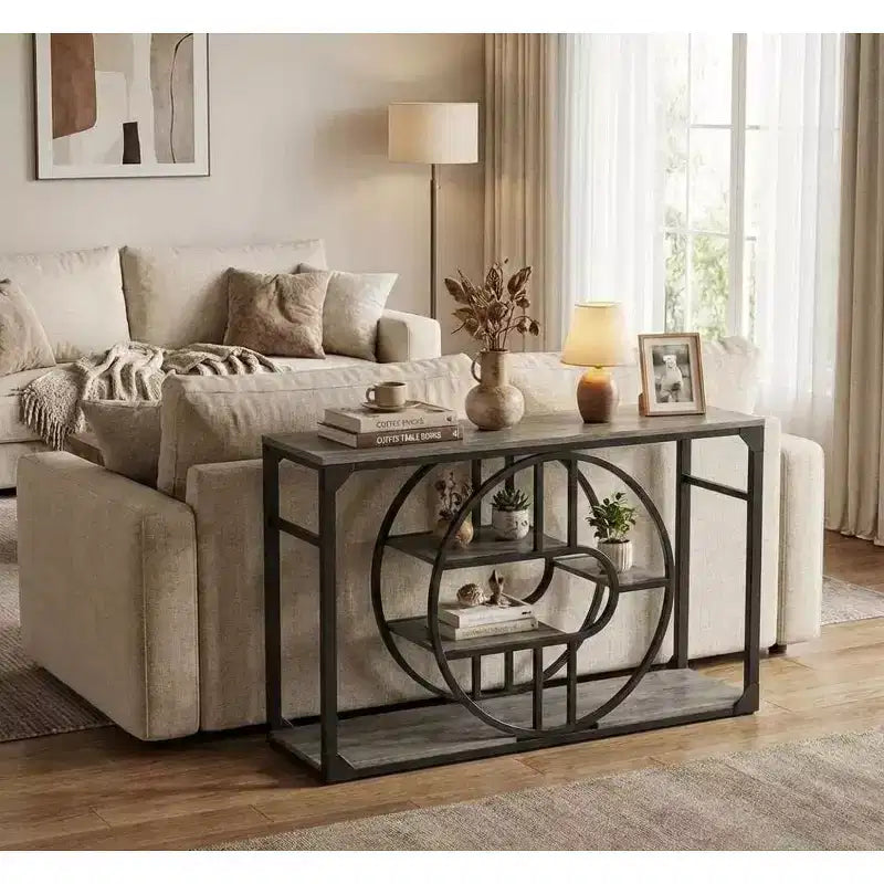Console O-Shaped de 55 pouces avec 5 niveaux de rangement — Table de canapé étroite industrielle pour entrée