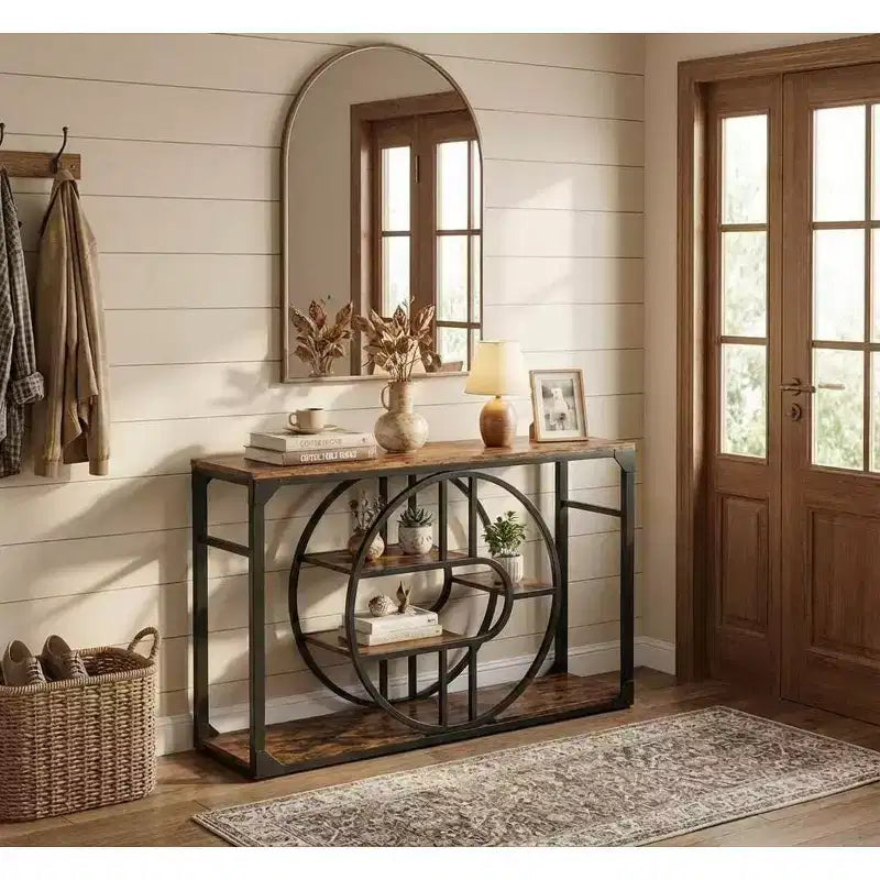 Console O-Shaped de 55 pouces avec 5 niveaux de rangement — Table de canapé étroite industrielle pour entrée