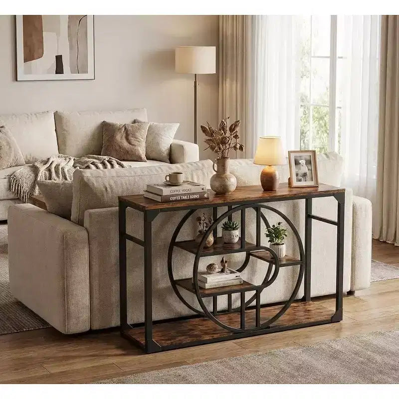 Console O-Shaped de 55 pouces avec 5 niveaux de rangement — Table de canapé étroite industrielle pour entrée