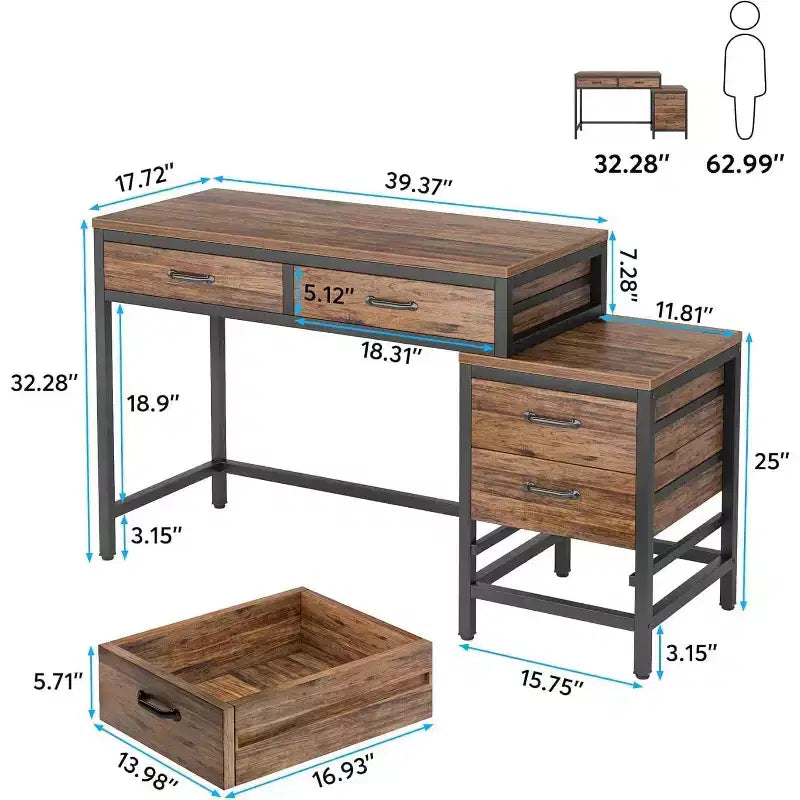 Bureau d'ordinateur 39" avec 5 tiroirs — Style industriel rustique, Bureau à domicile