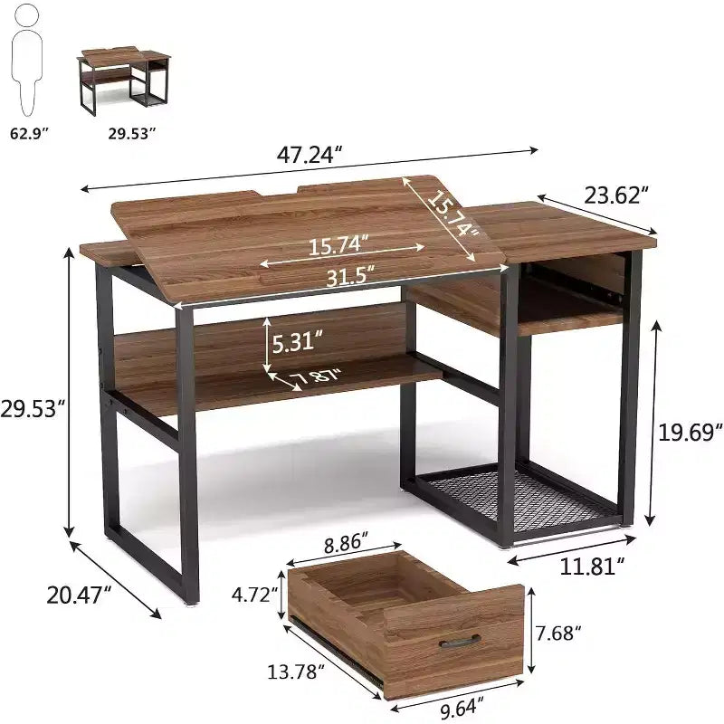 Table à Dessin Premium avec Tiroirs de Rangement, Étagères et Plateau Inclinable — Bureau à Domicile