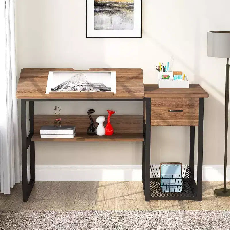 Table à Dessin Premium avec Tiroirs de Rangement, Étagères et Plateau Inclinable — Bureau à Domicile