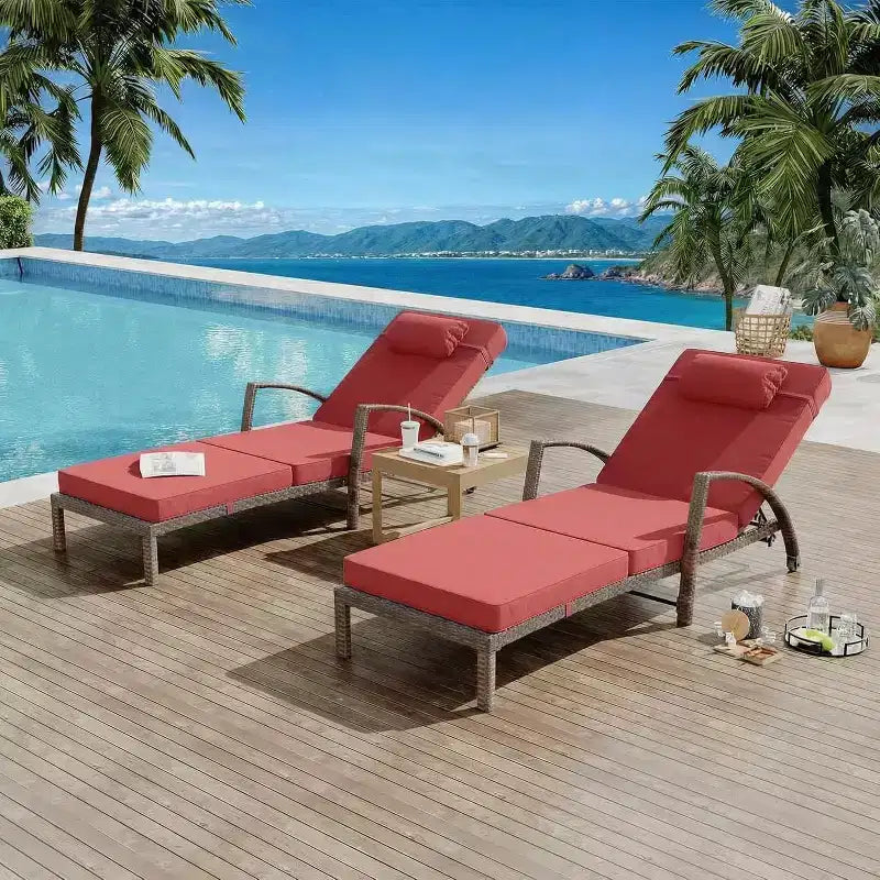 Chaise longue pliante en rotin 2 pièces, fauteuil de jardin avec dossier réglable sur 5 positions, coussin et oreiller pour l'arrière-cour, la terrasse, le porche