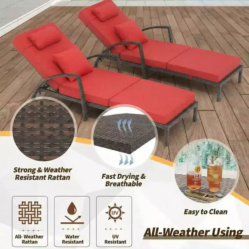 Chaise longue pliante en rotin 2 pièces, fauteuil de jardin avec dossier réglable sur 5 positions, coussin et oreiller pour l'arrière-cour, la terrasse, le porche