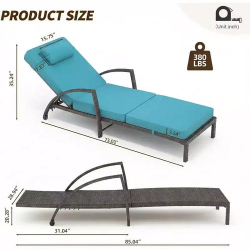 Chaise longue pliante en rotin 2 pièces, fauteuil de jardin avec dossier réglable sur 5 positions, coussin et oreiller pour l'arrière-cour, la terrasse, le porche