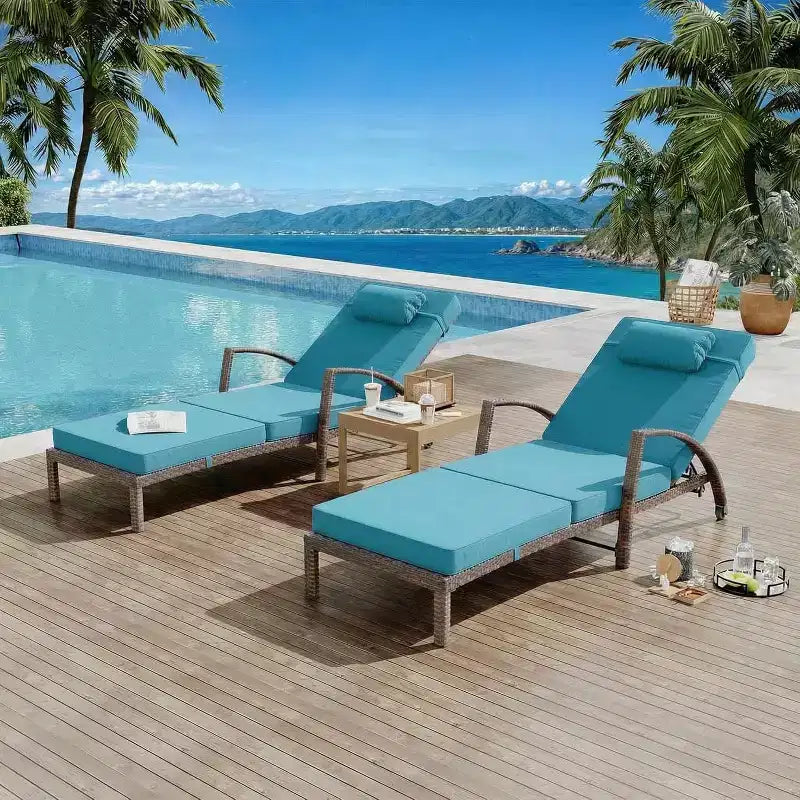 Chaise longue pliante en rotin 2 pièces, fauteuil de jardin avec dossier réglable sur 5 positions, coussin et oreiller pour l'arrière-cour, la terrasse, le porche
