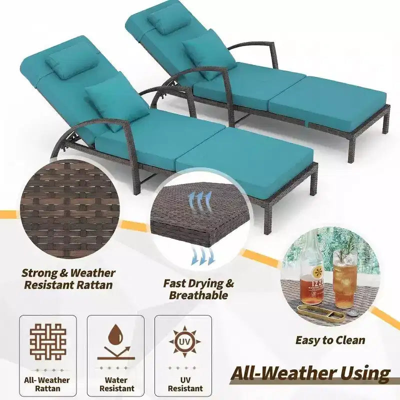 Chaise longue pliante en rotin 2 pièces, fauteuil de jardin avec dossier réglable sur 5 positions, coussin et oreiller pour l'arrière-cour, la terrasse, le porche