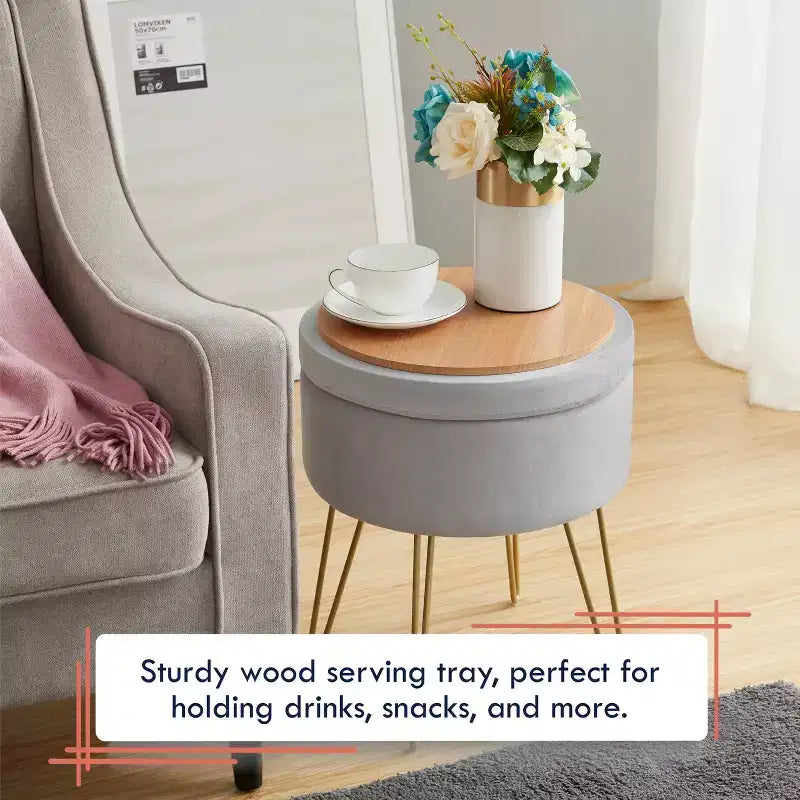 Pouffe de rangement rond en velours avec plateau rabattable et pieds dorés — Argent, 45,7 cm H