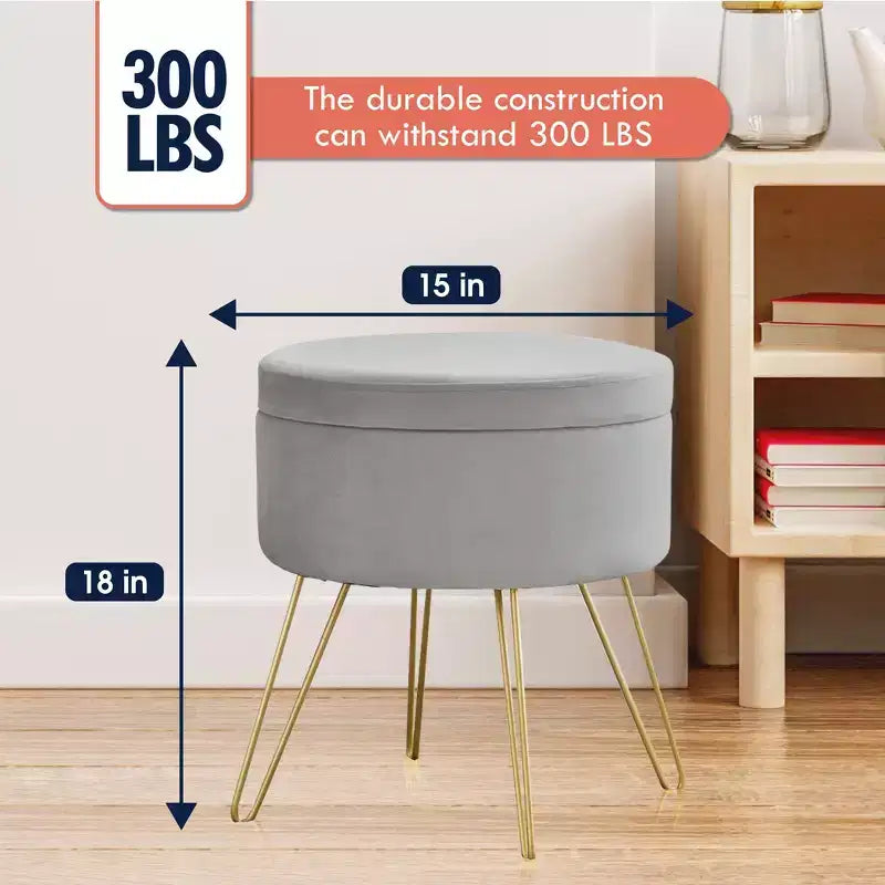 Pouffe de rangement rond en velours avec plateau rabattable et pieds dorés — Argent, 45,7 cm H