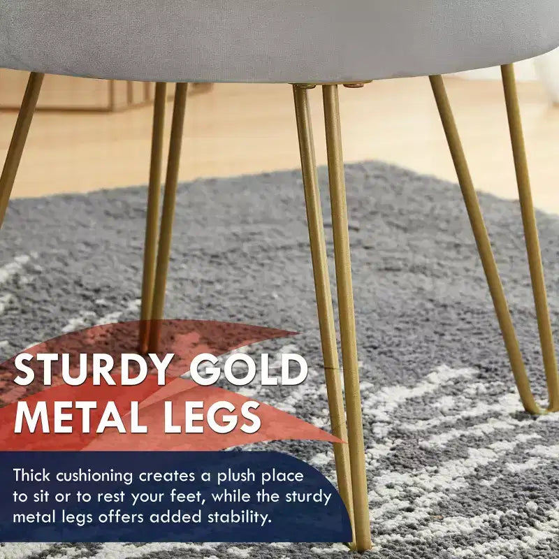 Pouffe de rangement rond en velours avec plateau rabattable et pieds dorés — Argent, 45,7 cm H