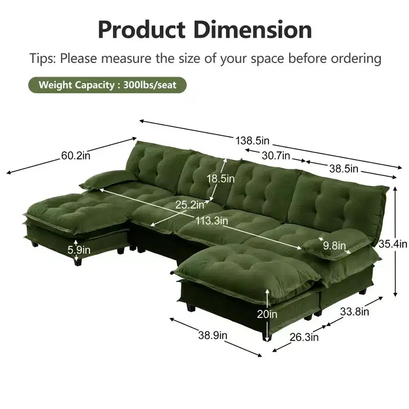 Canapé modulaire sectionnel en forme de U en chenille Havenridge 138" avec pouf — 6 pièces, 6 places