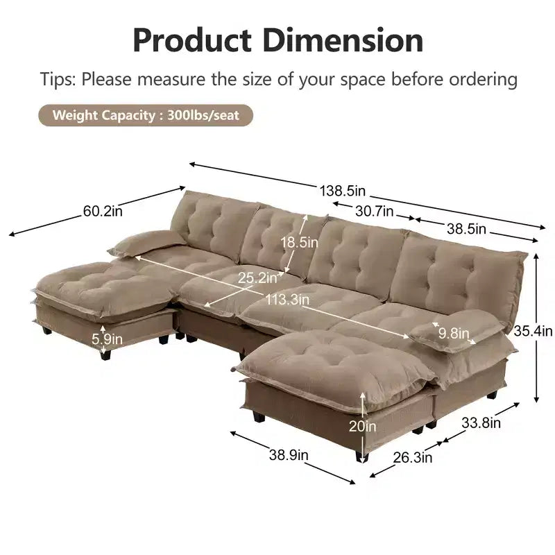 Canapé modulaire sectionnel en forme de U en chenille Havenridge 138" avec pouf — 6 pièces, 6 places