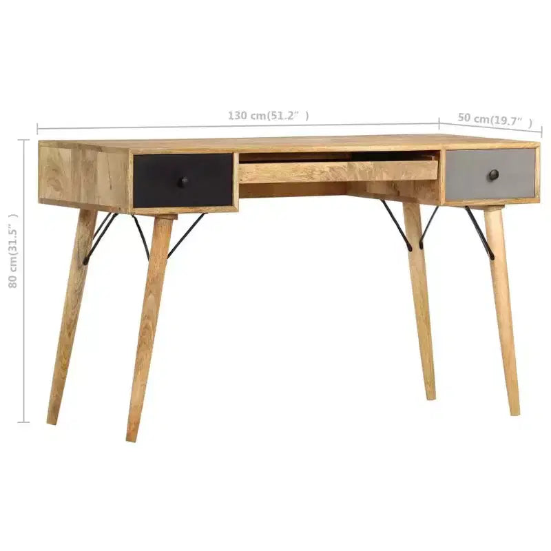 Bureau de 130 cm en manguier massif — Mid-Century Modern, 3 tiroirs, finition marron naturel
