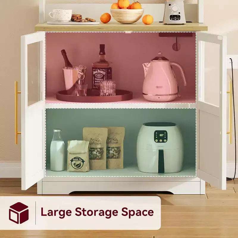 Étagère de cuisson à 6 niveaux avec prise de courant et rangement, armoire de cuisine haute de 160 cm en bois, avec portes et plan de travail épaissi pour bar à café, micro-ondes