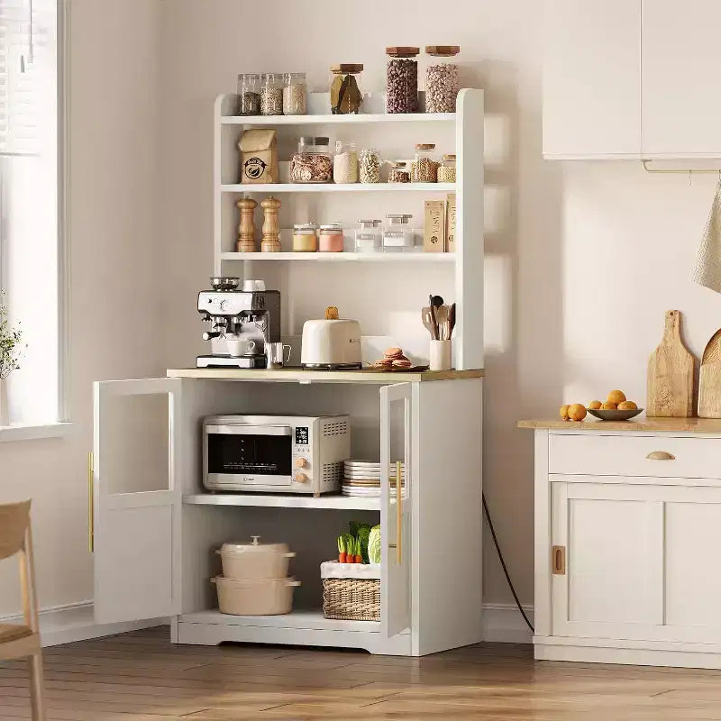 Étagère de cuisson à 6 niveaux avec prise de courant et rangement, armoire de cuisine haute de 160 cm en bois, avec portes et plan de travail épaissi pour bar à café, micro-ondes