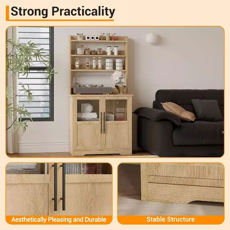 Étagère de cuisson à 6 niveaux avec prise de courant et rangement, armoire de cuisine haute de 160 cm en bois, avec portes et plan de travail épaissi pour bar à café, micro-ondes