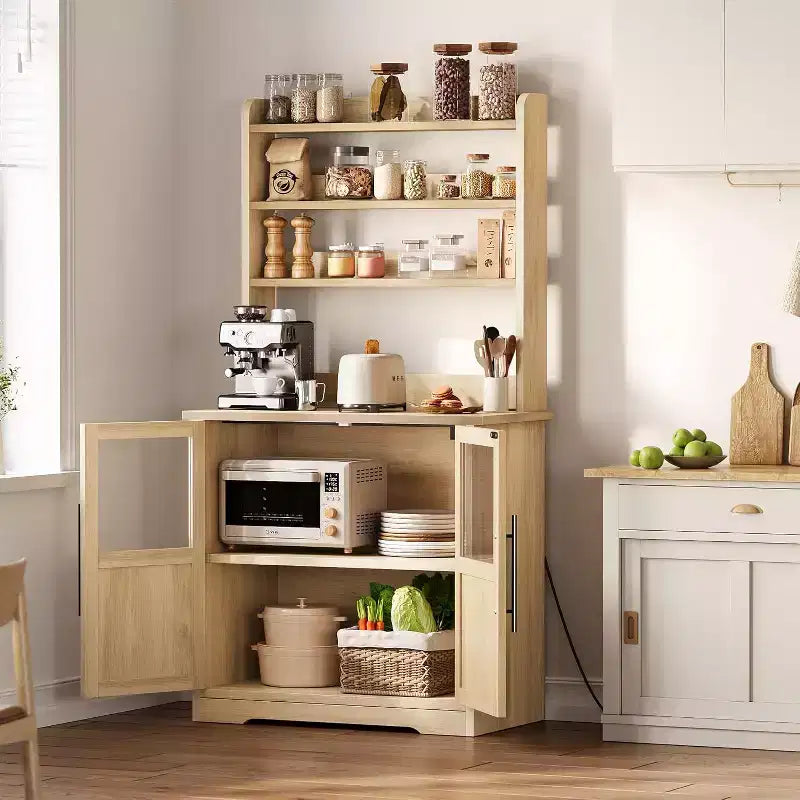 Étagère de cuisson à 6 niveaux avec prise de courant et rangement, armoire de cuisine haute de 160 cm en bois, avec portes et plan de travail épaissi pour bar à café, micro-ondes