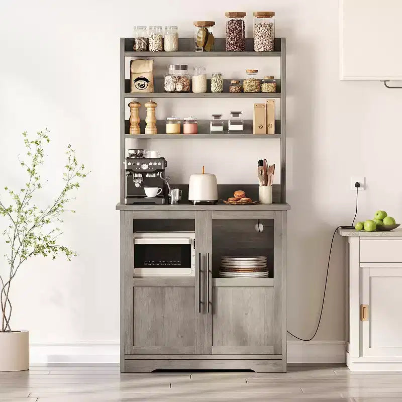 Étagère de cuisson à 6 niveaux avec prise de courant et rangement, armoire de cuisine haute de 160 cm en bois, avec portes et plan de travail épaissi pour bar à café, micro-ondes