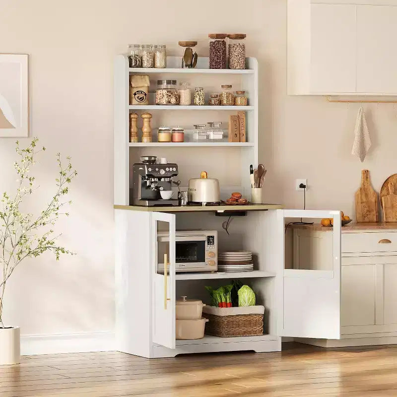 Étagère de cuisson à 6 niveaux avec prise de courant et rangement, armoire de cuisine haute de 160 cm en bois, avec portes et plan de travail épaissi pour bar à café, micro-ondes
