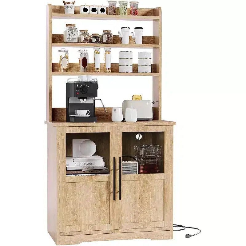 Étagère de cuisson à 6 niveaux avec prise de courant et rangement, armoire de cuisine haute de 160 cm en bois, avec portes et plan de travail épaissi pour bar à café, micro-ondes