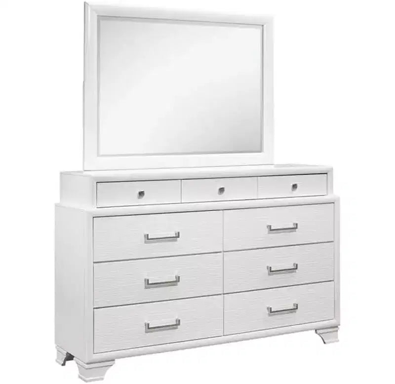 Commode horizontale Jordyn Gray Wood — 9 tiroirs, poignées barre, façades texturées