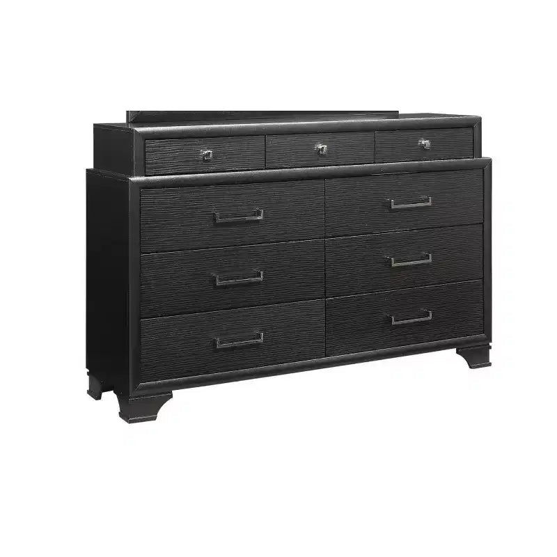 Commode horizontale Jordyn Gray Wood — 9 tiroirs, poignées barre, façades texturées