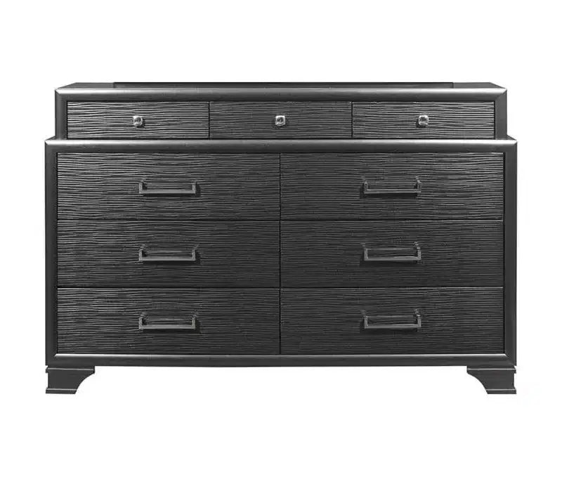 Commode horizontale Jordyn Gray Wood — 9 tiroirs, poignées barre, façades texturées