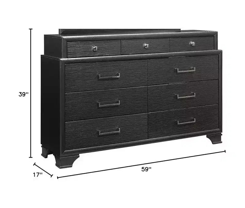 Commode horizontale Jordyn Gray Wood — 9 tiroirs, poignées barre, façades texturées