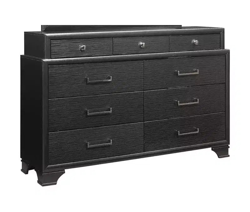 Commode horizontale Jordyn Gray Wood — 9 tiroirs, poignées barre, façades texturées