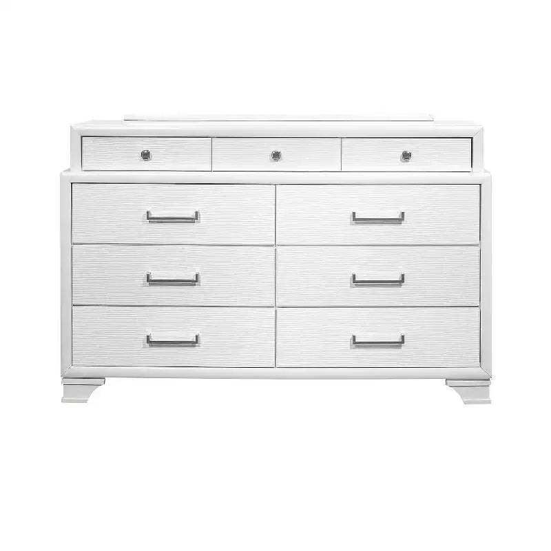 Commode horizontale Jordyn Gray Wood — 9 tiroirs, poignées barre, façades texturées