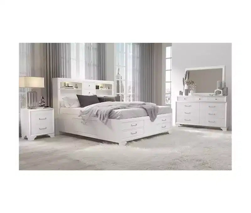 Commode horizontale Jordyn Gray Wood — 9 tiroirs, poignées barre, façades texturées