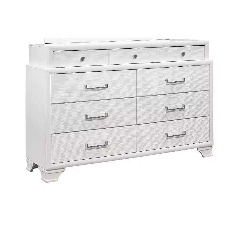 Commode horizontale Jordyn Gray Wood — 9 tiroirs, poignées barre, façades texturées