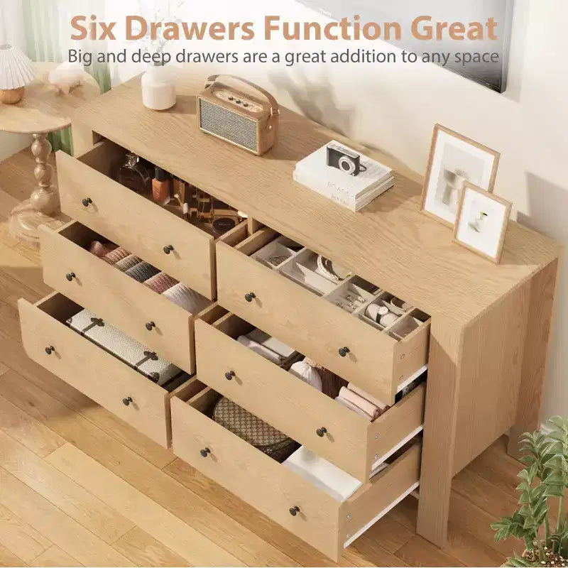 Commode de chambre à 6 tiroirs de 50 po – Commode moderne en bois avec grand espace de rangement, poignées noires